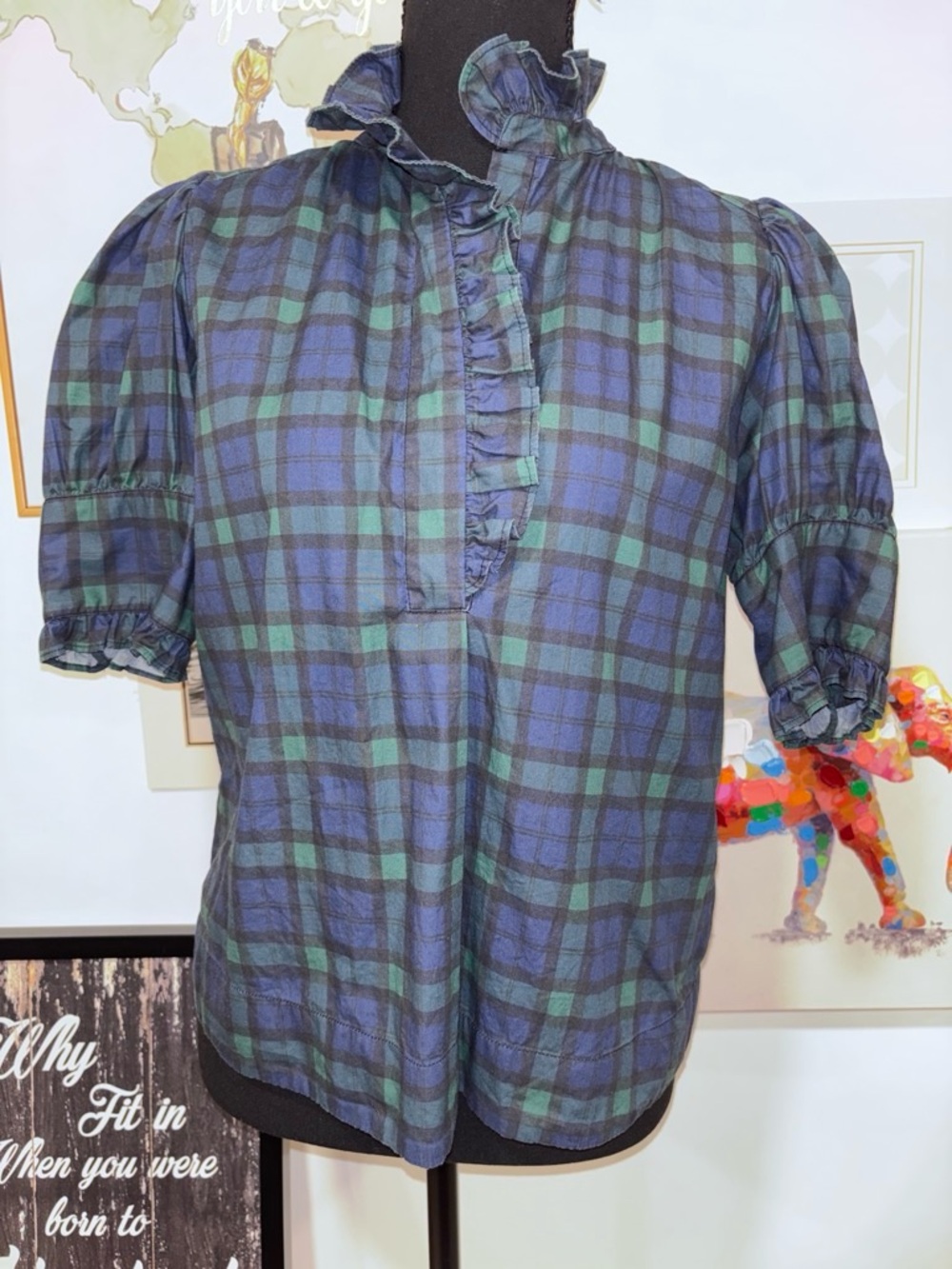 Navybleu Plaid Ruffle Button-Down Top in Blue & Green